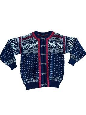 Dale of Norway Cardigan Sweater Size L Blue Red Reindeer Nordic Fair Isle Wool